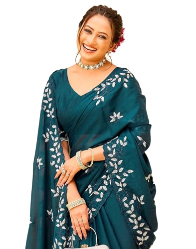 Image of SIRIL Women's Shimmer Georgette Embroidery & Scalloped Border Saree With Unstitched Blouse Piece