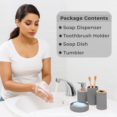 Image of Story@Home 4 Pieces Bathroom Accessories Set - Grey | Toothbrush Holder, Soap Dispenser, Mouth Wash Cup & Soap Dish for Home Kitchen & Bathroom | Bathroom Essentials for Office
