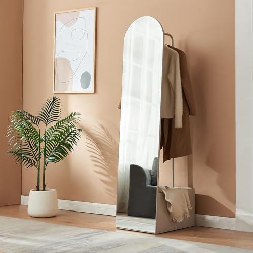 [en.casa] Porte-Manteau avec Miroir Pleine Longueur Compartiment de Rangement Pratique pour Chaussures Sacs Barre de Penderie Métal Bois Verre 165 x 40 x 51...