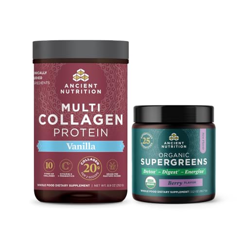 Ancient Nutrition Multi Collagen Protein Powder, Vanilla, 24 Servings + Organic Supergreens Powder, Berry, 12 Servings - image 1