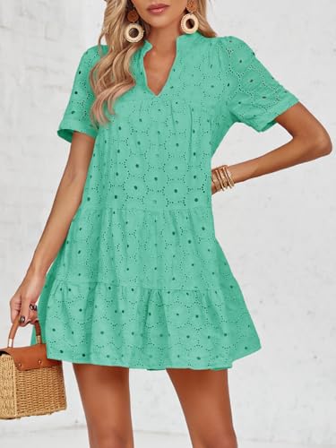 Image of Imily Bela Womens Summer Lace Dresses Eyelet Casual Flowy Babydoll Swing Short Sleeve V Neck Tunic Dress