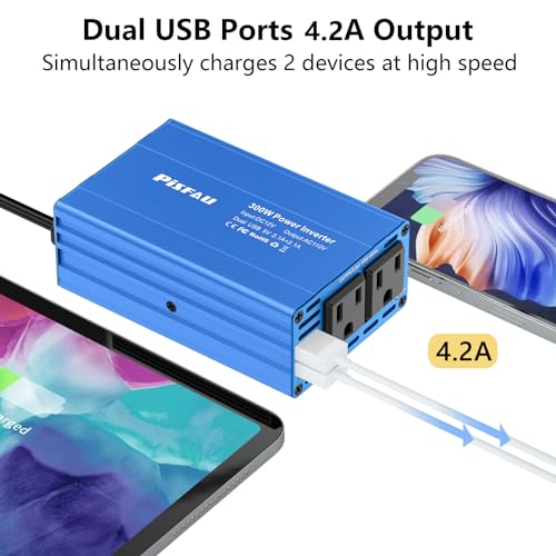 300W Power Inverter 12V DC to 110V AC Car Plug Adapter Outlet Converter with 4.2A Dual USB AC car Charger for Laptop Computer,Road Trip Essentials Camping Accessories (Blue)