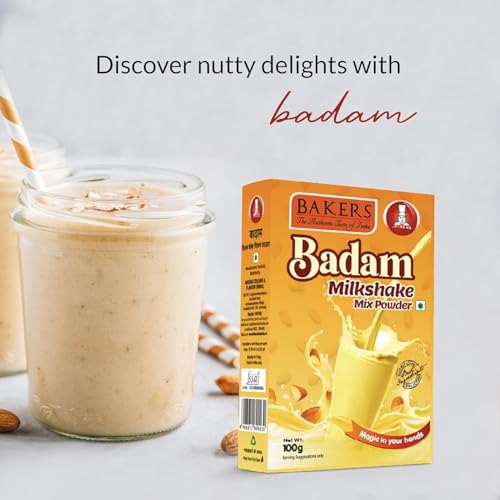 Image of BAKERS Milk Shake Mix Powder - Badam Flavor (100g x 4, 400g) | Instant Thick & Creamy Shake Mix | Rich & Delicious Dessert Drink | Ready to Mix with Milk | No Preservatives |Ready in 30 Sec