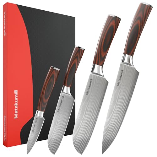 Matakumi 4-teiliges Küchenmesser Scharf - Japanisches Stil Messerset - Küchen Messer - Scharfe Messer - Kochmesser - Chef Knife / 8'' & 5'' Santoku/Ausbeinmesser - Scharfes Küchenmesser