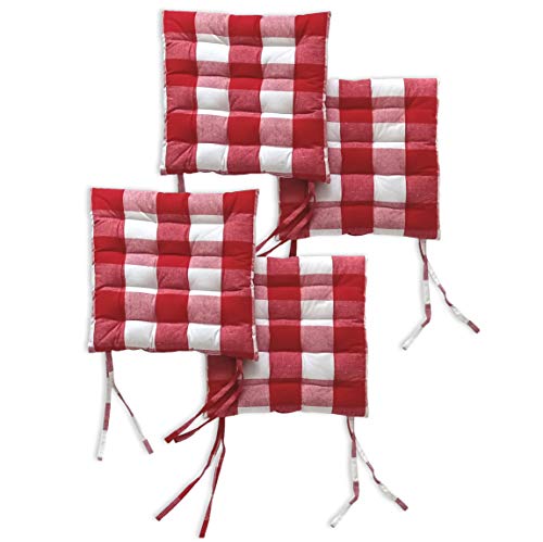 Image of Encasa XO Chair Cushions 40x40 cm with Ties 4 pcs - Buffalo Red Checks - Stripe Cotton Fabric, Rich Square Seat Cushions Micro-Fiber Filling, Large Size for Sitting, Sofa, Dining Table & Outdoor