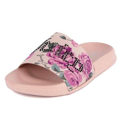Juicy Couture Women's Slide Sandals – Comfortable Slip-On Footbed for Casual Wear, and Pool Size 6 Juicy Rose Print