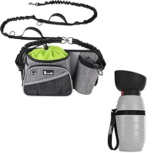 Outdoor Supplies Bundle: Hand Free Dog Leash + Pet Water Bottle Gray 22oz