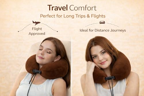 Image of cozyland Memory Foam Travel Neck Pillow |Ultra Soft Velvet Fabric|Ergonomically Designed for Ultimate Comfort for Air, Car, Train, Bus Travel- Coffee, Standard Size