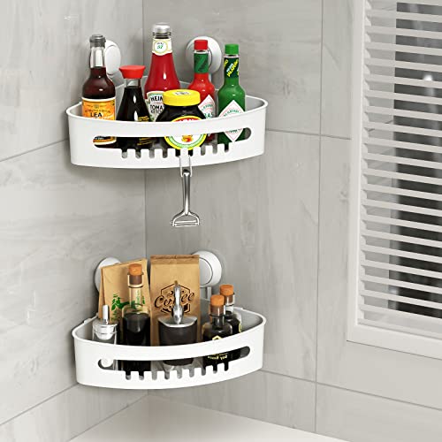 Corner Shower Caddy Suction Cup, Reusable Plastic Shower Caddy Holds Up To 22Lb, Shower Corner Shelf For Shampoo Conditioner, Wall Mount Shower Organizer Corner Shower Basket For Bathroom & Kitchen #TOP3