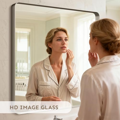 Image of 36 inchx36 inch Bathroom Vanity Mirror for Wall Aluminum Framed Farmhouse Rectangle | Anti-Rust, HD Reflection Anti-Desilvering, Distortion Free, Tempered and Shatter-Proof Wall Mounted Mirror, Brushed Nickel