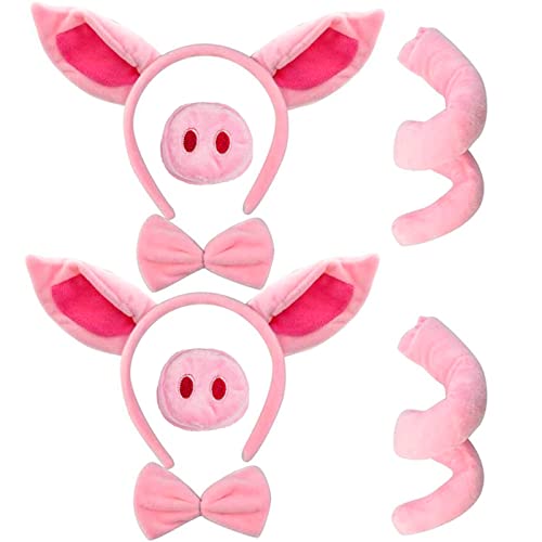 Jmkcoz 8 Pieces Pig Ears Headband and Tail Nose Bow Tie Set, Fancy Animal Cosplay Pink Pig Costume for Halloween Dress Up