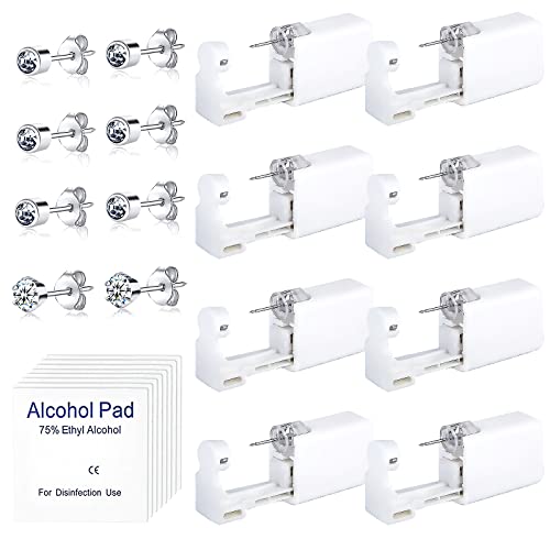 8 piezas sin dolor Kit de perforación de oído desechable de seguridad asepsia pistola de perforación herramienta con 8 piezas de pernos de oreja incorporados, almohadillas de alcohol
