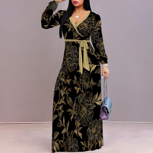 Image of PinkPatty Women's Long Sleeve Maxi Dress Plus Size Trendy Wedding Guest Wrap Dress with Pockets&Belt