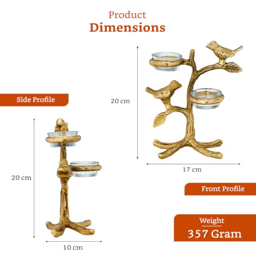 Image of Amazon Brand - Solimo Metal Birds Tree Tea Light Candle Holder | Gold Finish | Decorative Centerpiece for Home, Living Room & Puja | Good Luck Gift with Glass for Votive Candle (Candles Not Included)