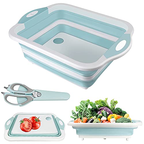 Collapsible Cutting Board, HI NINGER Foldable Chopping Board Multifunction Chopping Board, Space Saving 3 in 1 Multifunction Storage Basket, Chopping&Slicing Board for Prep/Picnic/Camping (Sky blue)