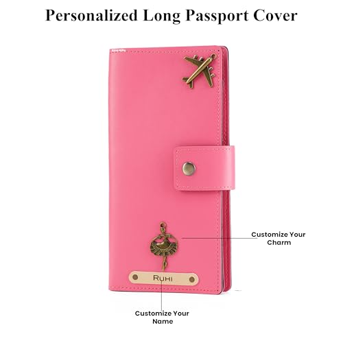 Image of AICA Personalized Name & Charm Long Leather Wallet Passport Cover (Dark Pink) with Passport Boarding Pass Card Slot & Coin Holder for Men & Women | Birthday Anniversary Travels Gifts for Sis Wife Mom