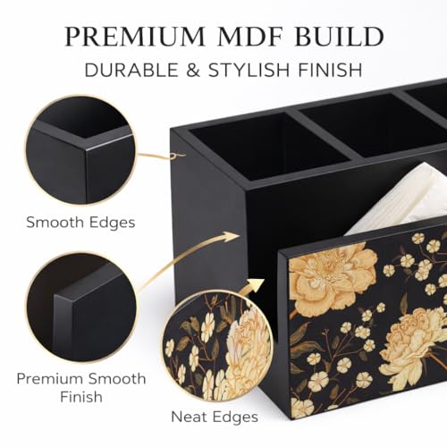 Image of Reinvention Factory Black Flower Wooden Cutlery Holder for Dining Table | Spoon Stand with Tissue Holder | MDF Cutlery Organizer for Spoon Fork Knife Napkin | 7 x 4.5 x 4 Inch
