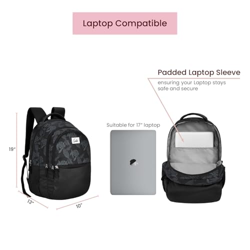 Image of Genie Forest Laptop Backpack for Women in Black colour. More Volume, 3 zips, Stylish & Trendy College Bags for Girls, Water Resistant, Lightweight Bags for Office, Travelling. 36 litres. 19 inch