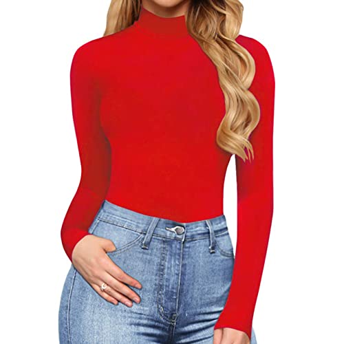 Generisch Body de manga larga para mujer, body de manga larga para mujer, mono elegante, cuello alto, body, body, body, camiseta de manga larga, manga larga, térmica, 02-rojo, XL