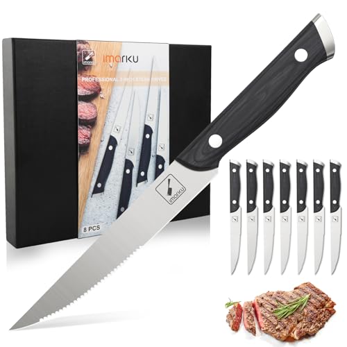 imarku Steak Knives, Steak Knives Set of 8, Serrated Steak Knife Set with Pakkawood Ergonomic Handle, Japanese HC Steel Steak Knife and Gift Box, Best