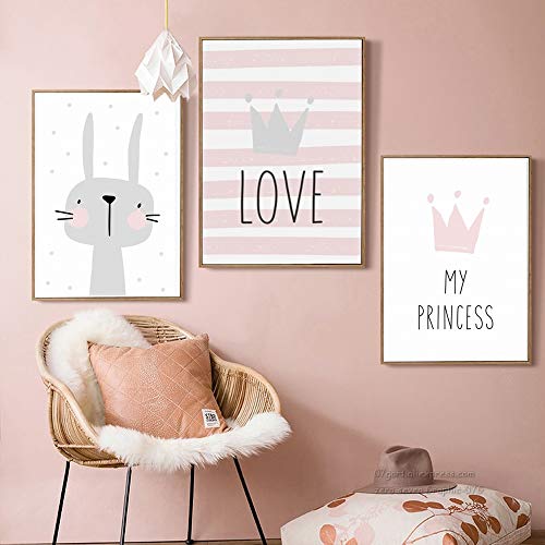Nordic Ideas – Juego de 3 cuadros para dormitorio bebe niña rosa – Póster de citación infantil conejo corona princesa amor – Póster regalos cumpleaños sin marco NPTWC004-L