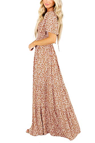 Image of Kranda Women 2025 Summer Fall Crewneck Short Sleeve Smocked Floral Maxi Dress