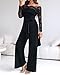 CHICME Women Off Shoulder Long Sleeve Black Jumpsuit Floral Embroidery Lace Overalls Casual Wide Leg Rompers with Belt Black-L