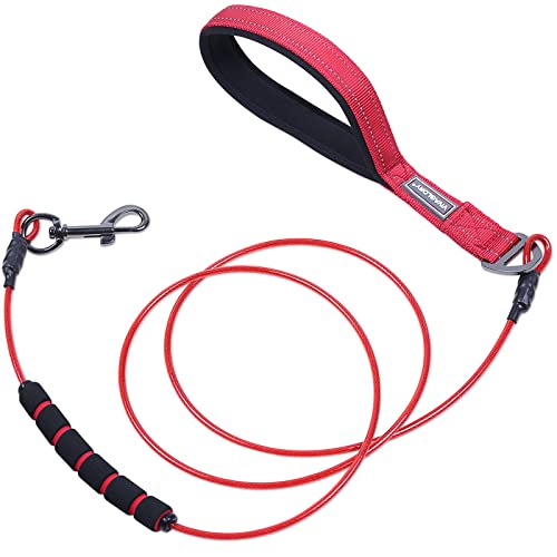 VIVAGLORY Hundeleine Edelstahl Toughbite Hundeleine Bissfest, Welpenleine Führleine mit Doppelgriff & 2 Griffen für Hausleine Joggingleine, Kette Metall Edelstahl & Bissfest für Hunde, 180cm, Rot
