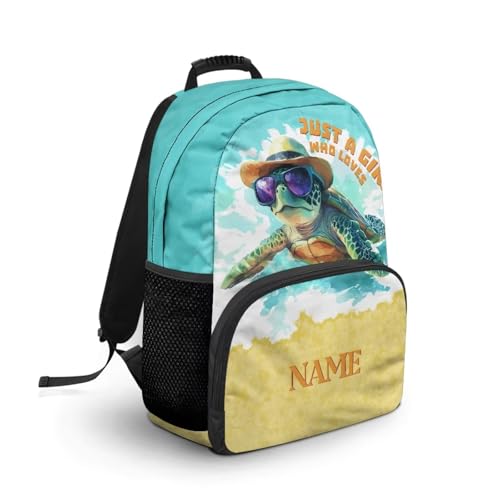 COEQINE Mochilas para adolescentes para niños de 4 a 6 años, diseño de tortugas marinas, personalizables, con etiquetas de nombre, 1.º grado, 17 pulgadas, mochila escolar para regalos del día de los
