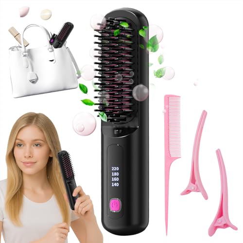 Numoya Go Brush Pro Cordless Portable Straightener Hair Gobrush Pro Rechargeable Straightener Hot Comb Fast Heating for Travel and Everyday Use (Black)