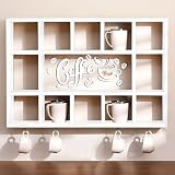 Cinnvoice Oversize Coffee Mug Display Shelf for Wall Wood Coffee Mug Rack Wall Mounted Shelf Cubes Cup Hooks Hanger with Bar Sign Decor for Kitchen Station Bar Accessories(Old White)
