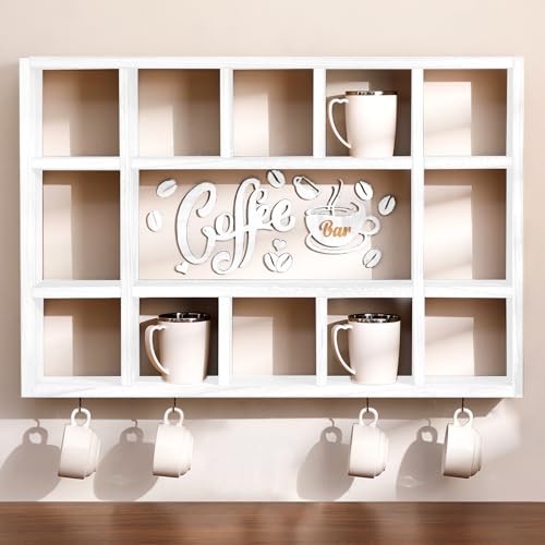 Cinnvoice Oversize Coffee Mug Display Shelf for Wall Wood Coffee Mug Rack Wall Mounted Shelf Cubes Cup Hooks Hanger with Bar Sign Decor for Kitchen Station Bar Accessories(Old White)