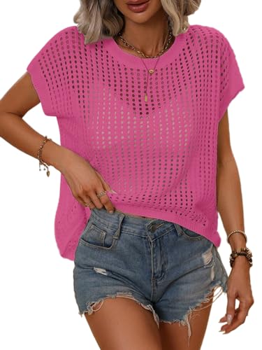 Image of Crochet Tops for Women Spring Summer Shirts Cute Mesh Top Cap Sleeve Cover Up Pullover Sweater Beach Vacation Clothes
