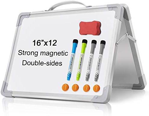 Small Dry Erase White Board - 16"x 12" Double Sided Mini Foldable Magnetic Desktop whiteboard for Kids Drawing, Teacher Instruction and Meeting Discuss
