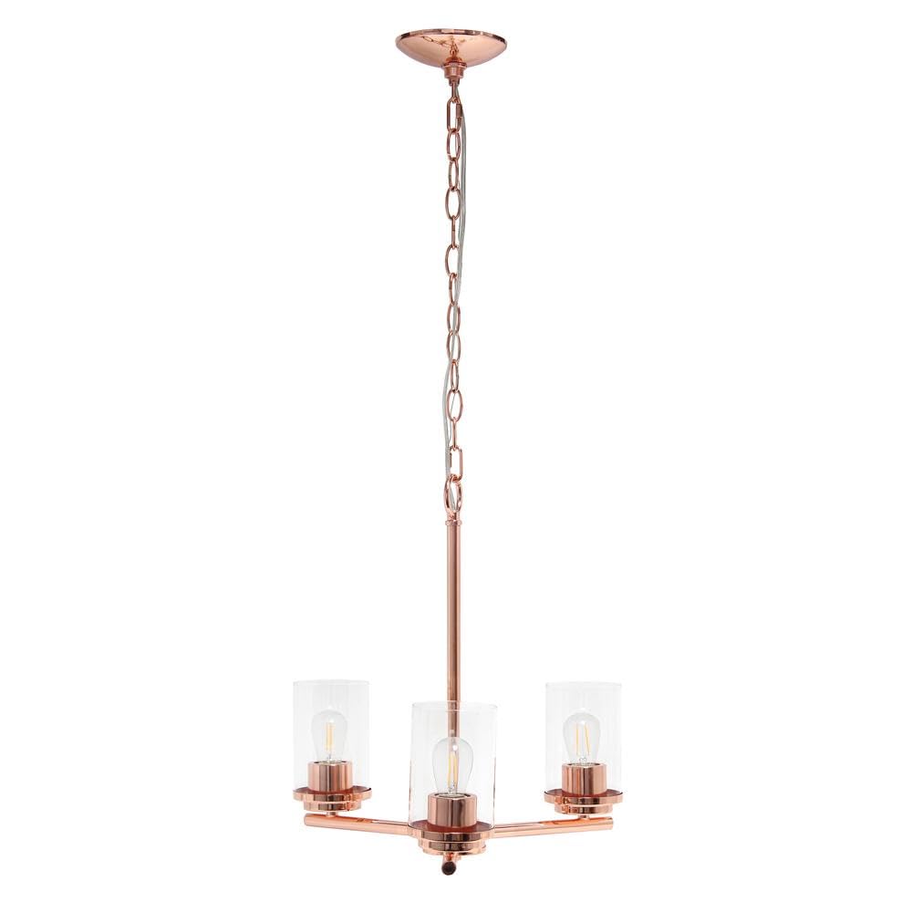 Modern 3-Light 15" Clear Glass and Metal Hanging Pendant Chandelier, Rose Gold