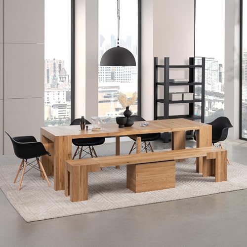 Transformer Table Expandable Dining Table for 2 to 12, Solid Wood Extendable Kitchen Table, Space-Saving Furniture, Small to Large Adjustable Dinner Table with Bench (Natural, Table + Bench) - Image 4