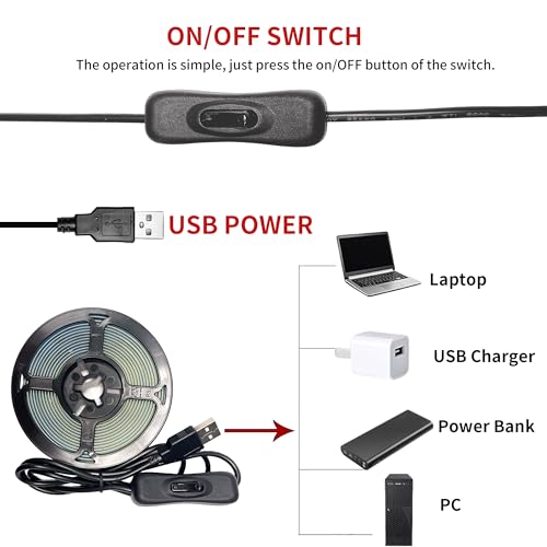Image of 5V 8mm Width USB COB LED Strip Lights with Switch,Natural White 4000K,320LEDs /M,8W /M,CRI90,16.4FT /5M,Electroplated Double-Sided Panel Light Strip,Waterproof IP20,for Indoor Decoration