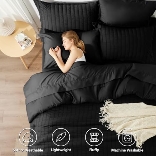 Image of HIMEET Oversized Queen Comforter Set - 7 Pieces Seersucker Bed in a Bag, Boho Bedding Sets for Bedroom Decor, All Season Home Essential Bed Set with Comforter, Sheets, Pillowcases & Shams, Black
