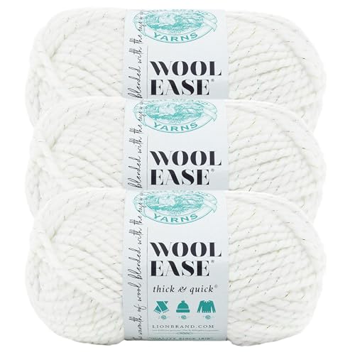 Image of Lion Brand Yarn, Wool-Ease Thick & Quick Yarn, Celebration, White, 3 Pack | Super Bulky Wool Acrylic Blend Fiber for Soft Hats, Sweaters, Chunky Blankets, Yarn for Crochet, Knitting, Crafts, Weaving