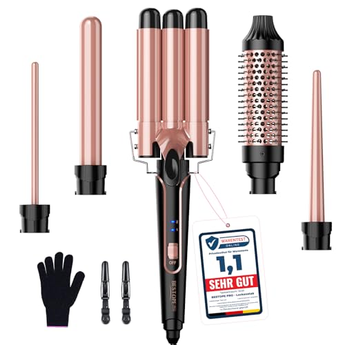 Ferro Arricciacapelli 5 in 1- Set 3 Tubi Piastra Capelli Onde Ceramica, Piastra Onde per Capelli 2 Température, Piastra per Onde con Ferri di Diverso Diametro,Spazzola per styling