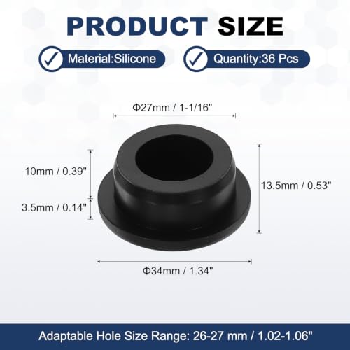 Image of MECCANIXITY 36pcs T-Shaped Silicone Plugs 27mm 1-1 /16 Inch Dia, Black | Snap in Plug Hole Seal Cover Round Rubber Stopper for 26-27mm Holes Kitchen Rubber Bulkheads Waterproof Sealing