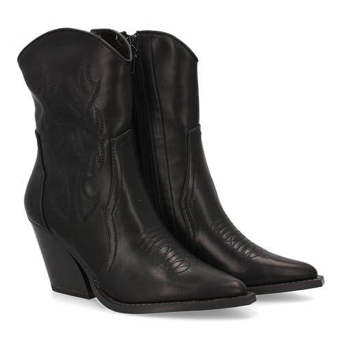 95194 Botin Campero con Tacon, Comodos, Diseno con Bordado en Cana y Empeine y Cierre de Cremallera. Otono Invierno. Negro Talla 38