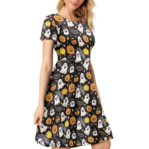 Image of HUGS IDEA Womens Puffy Swing Midi Dress Round Neck Short Sleeve Party A-Line Dresses