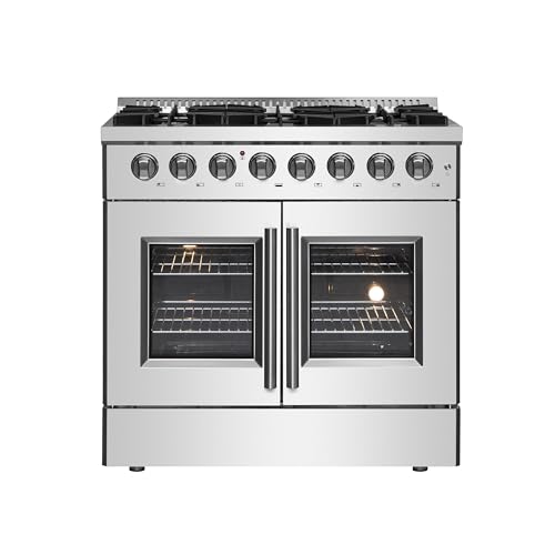 Forno Galiano 36' Freestanding French Door Dual Fuel Range with 6 Sealed Burners 83,000 BTU, 5.36 cu. ft. True Convection Oven - Modern Design Fuel Range with Pro-Style Handle, Zinc Coated Metal Knobs