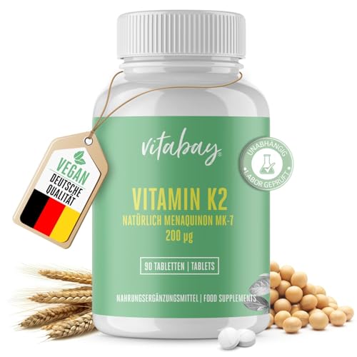 Vitabay Vitamin K2 hochdosiert 200 µg (mcg) - VEGAN 90 Vitamin K2 Tabletten MK7 MK-7 - Vitamin K2 MK7 200µg - Vit K2 Vitamin 