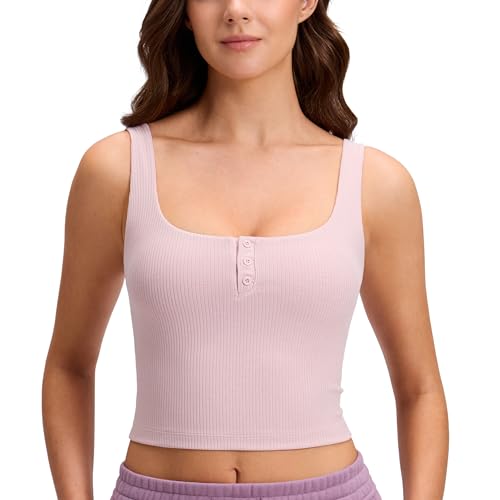 Image of CRZ YOGA Ribbed Henley Crop Tank Tops | Medium Support, Removable Pads, Casual, Square Back, Wide Straps, Longline Sports Bras for Women