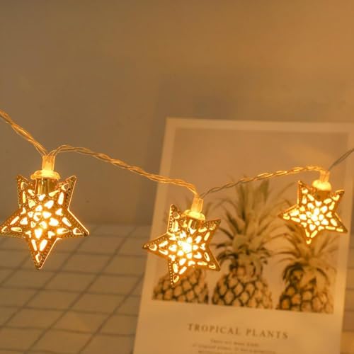 Image of Xenith 14 LED Decorative Star Shape Golden Metal String Lights Fairy Lights Decorative Lights for Diwali Christmas Home Marriage New-Year Festivals Decoration Lighting (Warm White, 3.5 Meter)
