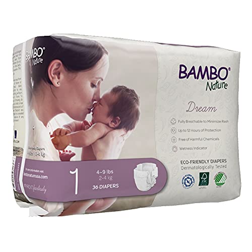Image of Bambo Nature Hypoallergenic Dream Baby Diapers, Premium Eco-Labeled Sustainable Diapers, Enhanced Leakage Protection, Totally Chlorine-free, Skin Friendly, and Super Absorbent - Size 1 (108 Count) | Eco-Labeled Diapers, Enhanced Leakage Protection, Totally Chlorine-free, Skin Friendly