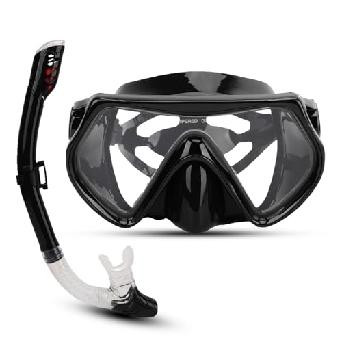 Snorkel Set, 1 Set Snorkel Goggle Breathing Tube Kit Adults Snorkeling Gear High Definition Tempered Glasses Snorkeling Mask Tube Kit for Swimming Training (Black)