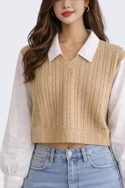 Image of Regular Fit Collared Knit Top for Women, Long Sleeve Casual T-Shirt, Black and White, Rib-Knit Material, Korean Trendy Style